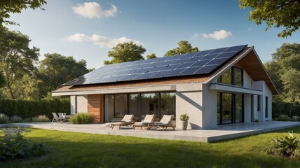 Modern Solar Home: Serene Architectural Design with Lush Greenery