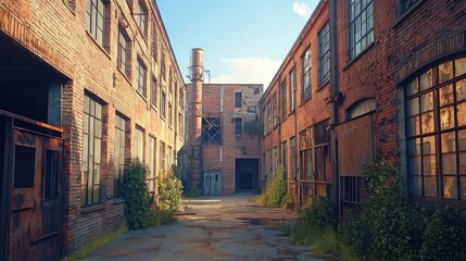 Fototapeta premium Old Brick Factory Alleyway Showing Decay And Overgrowth
