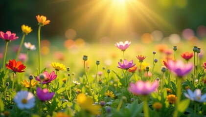 Fototapeta premium Backlit field of colorful wildflowers with delicate shadows, wildflowers, spring