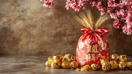 Chinese new year decorative bag with golden ingots and cherry blossoms