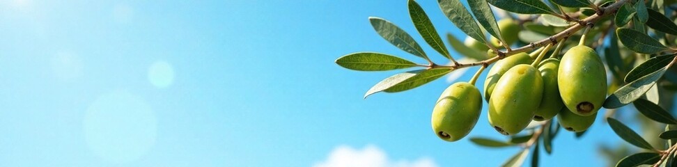 Branches heavy with olives and olive grains against a bright blue sky, olive grain, serene, sky