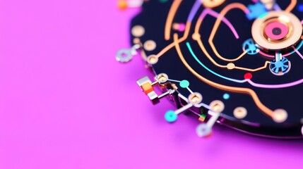 Fototapeta premium Close up of intricate electronic circuit board components on vibrant purple background