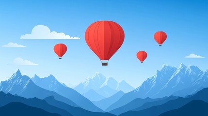 Naklejka premium Red Hot Air Balloons Ascending Over Majestic Blue Mountains