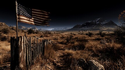 Torn American flag on weathered fence in a desolate landscape with mountains.