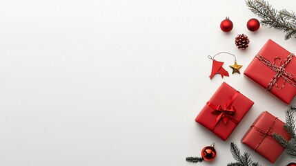 Fototapeta na wymiar Red Christmas gifts, ornaments, and fir branches on white background.