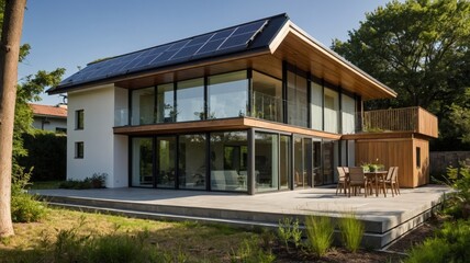 Fototapeta premium Modern Solar Home: Clean Lines, Expansive Glass, and Warm Wood