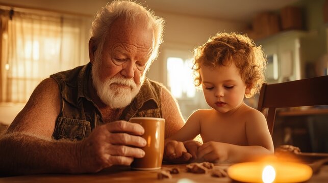 Capture heartwarming family moments with A father sharing a morning cup of cocoa with his child at the dining table, their bond filled with warmth and connection Explore images of fathers, children