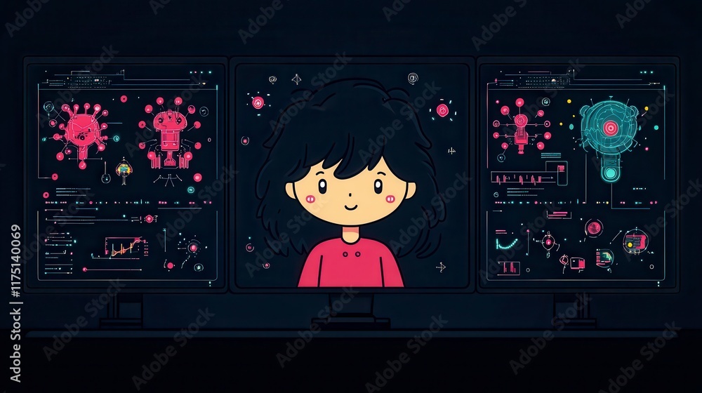 Poster girl on computer screen with futuristic interface and technology graphics