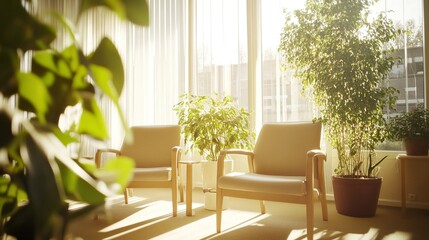 Empty retirement home common area with unoccupied chairs and quiet surroundings, reflecting solitude and the passage of time in aging communities.