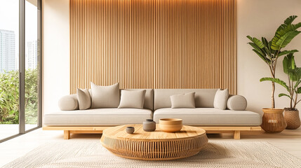 A cozy modern living room with large glass windows