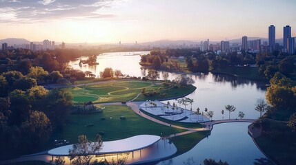 Naklejka premium Stunning Aerial View of City Park at Sunset Featuring Lakeside Recreation Modern Pavilion