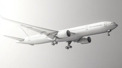 Obraz premium A 3D rendering of a commercial airplane in flight against a minimalist background.