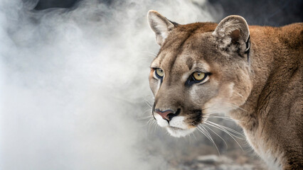 Majestic cougar in misty environment, showcasing its fierce gaze and powerful presence
