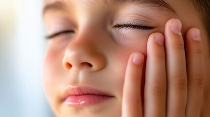 A child gently holding their swollen lower eyelid with visible barley inflammation, set against a soft background
