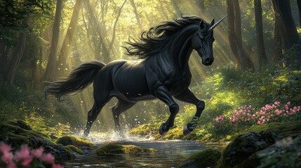 A majestic black unicorn with a long, flowing mane and tail strides gracefully through a sunlit forest