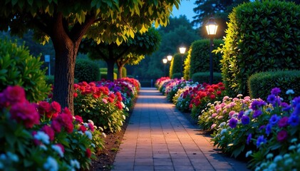 Fototapeta premium Walkway lined with flowers and plants at night, nighttime walkway, garden