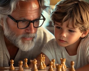 Capture the heartwarming scene of a father and son engrossed in a chess game, their focused expressions mirroring the strategic thinking and a growing bond between generations This image embodies a