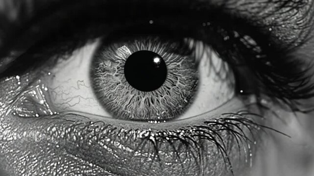 Close-up of an eye showcasing dramatic makeup and texture with a strong focus on the eyelashes and eyelid details in black and white