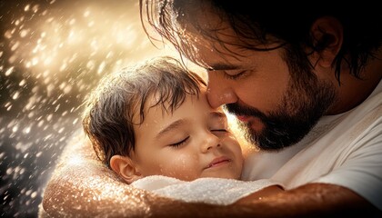 Capturing a heartwarming moment of a father consoling his son during a storm, their closeness reflecting emotional support and understanding This image showcases paternal love, protection, and