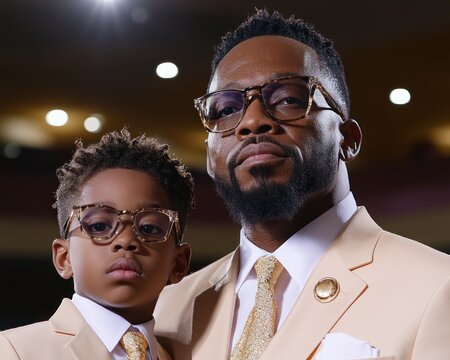 Capturing a heartwarming moment A father standing proudly with his son at a school event, representing unwavering support and family responsibility The pair showcase stylish beige suits and matching