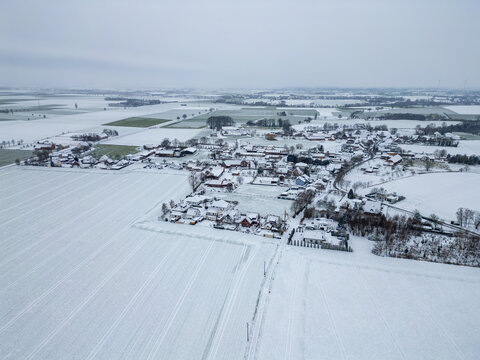 Berenbrock Kreis Soest city Airplane view while snowing in deep winter. snow landscape in 59597