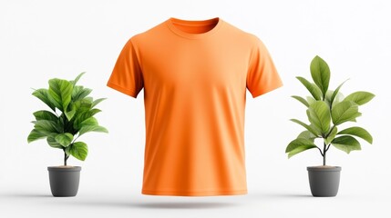 Rust Orange T-shirt Mockup with Green Plants. Generative AI