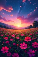 Fototapeta premium Field of colorful flowers under starry sky at dusk, sunset, pink