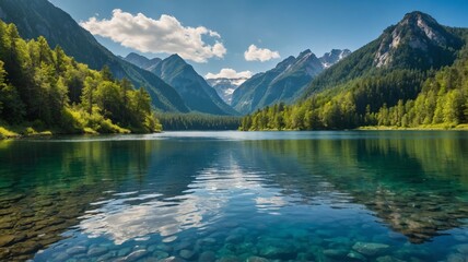 Serene Mountain Lake: Crystal Clear Waters, Lush Greenery, Majestic Peaks