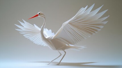 Elegant White Paper Origami Crane on White Background. Generative AI
