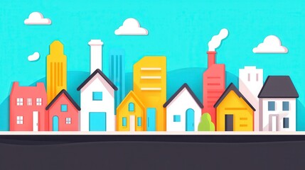 Obraz premium Vibrant Cityscape Illustration Colorful Houses Skyscrapers and Factory