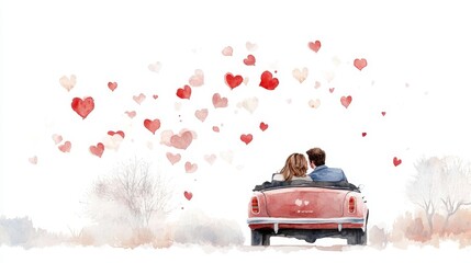 happy couple sitting in cabriolet car watercolor Valentine's Day, ai generated