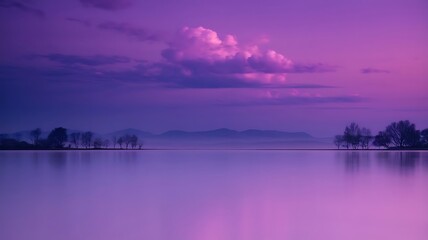 Calm Lake Under a Purple Sky with Silhouetted Trees in the Distance