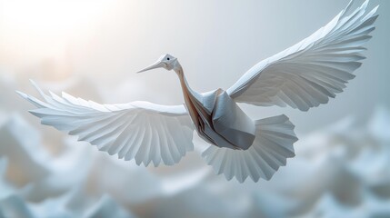 Flying Origami Crane on White Background. Generative AI