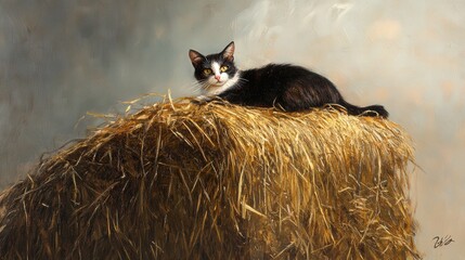 barn cat lounges atop a stack of hay, keeping an eye on the bustling activity below.
