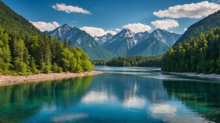 Serene Mountain Lake: Majestic Peaks Reflecting in Tranquil Waters