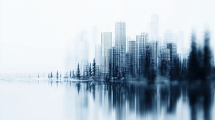 Fototapeta premium Soft Focus Cityscape with Tall Buildings and Reflections in Water at Dusk