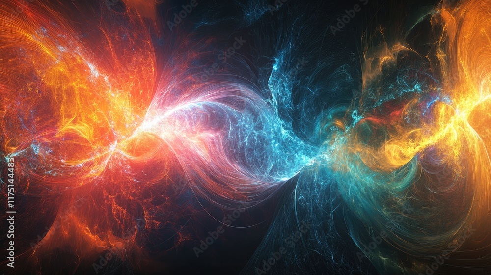 Poster a visual representation of electromagnetic waves, with vibrant colors and waveforms pulsing in a dar