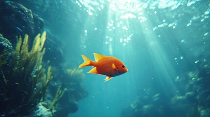 Naklejka premium An orange fish swims gracefully in a sunlit underwater scene, surrounded by aquatic plants.
