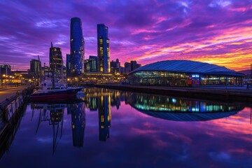 Fototapeta premium Modern Container Terminal at Sunset with City Skyline