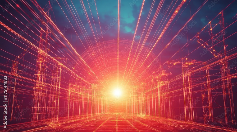 Poster a visual concept showing electromagnetic radiation interacting with a grid, representing data transm