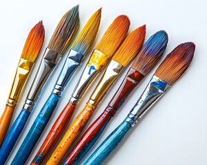 Fototapeta premium Vibrant Paintbrush Set Capturing Creativity and Vivid Colors on Isolated White Background