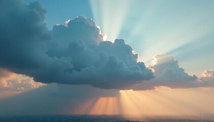 Grey clouds with sunbeams illuminating their underside, heavens, landscape