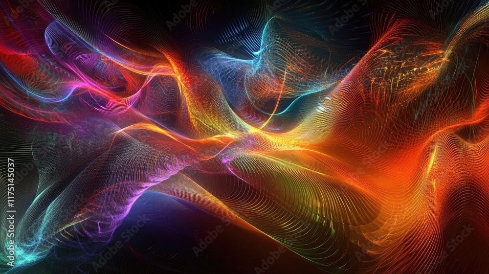Poster a visual representation of electromagnetic waves, with vibrant colors and waveforms pulsing in a dar
