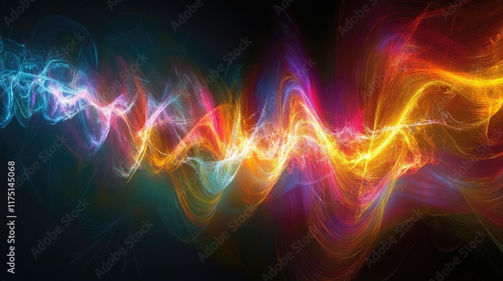 Poster a visual representation of electromagnetic waves, with vibrant colors and waveforms pulsing in a dar