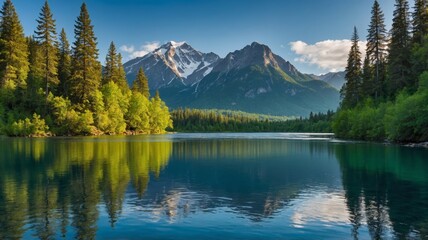 Serene Mountain Lake: Tranquil Landscape of Evergreens and Majestic Peaks