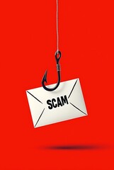 Mail or Letter Hanging on a Fishing Hook on Red Background – Phishing Scam Email Concept