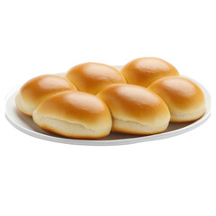 Unblemished Buns, four buns on a white plate, top view, food photography, delicious, golden-brown color of breadisolated on white or transparent png