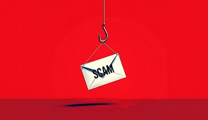 Mail or Letter Hanging on a Fishing Hook on Red Background – Phishing Scam Email Concept