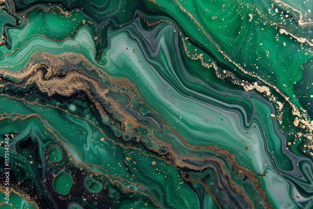 Poster luxurious green and gold abstract marble texture with dark background and fluid ink patterns