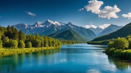Fototapeta premium Serene Mountain River: A Vibrant Landscape Painting